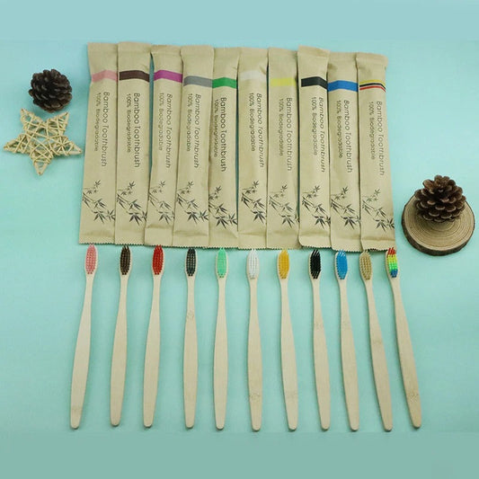 10Pcs Colorful Toothbrush Natural Bamboo Tooth Brush Set